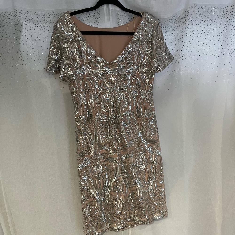 R&M Richards Silver Sequin on Nude Cocktail Mini Dress - Picture 2 of 4